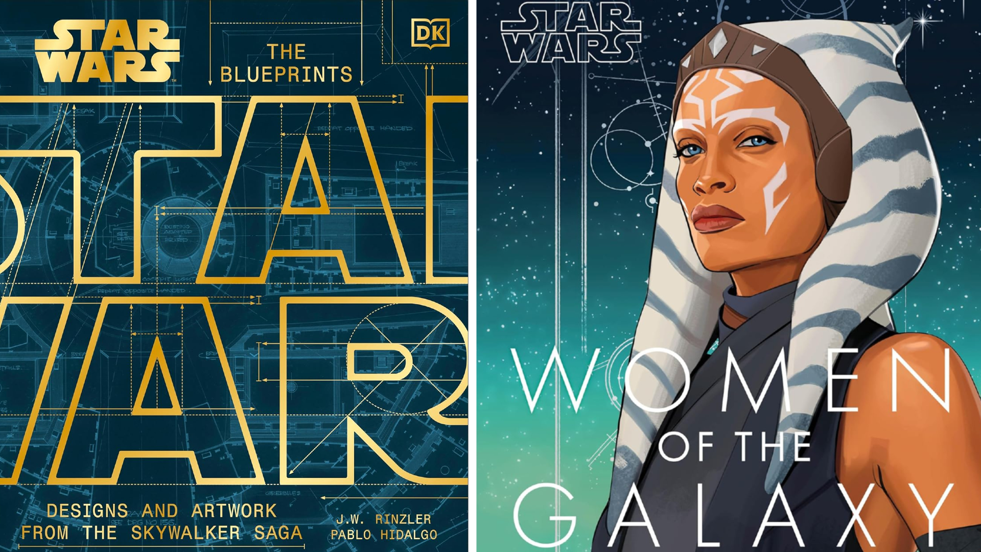 On the left is the book cover for Star Wars The Blueprints: Designs and Artwork from the Skywalker Saga (cover shows blueprints of a spaceship and gold text). On the right is the book cover for Star Wars: Women of the Galaxy (Updated and Extended) with Ahsoka on the front cover.