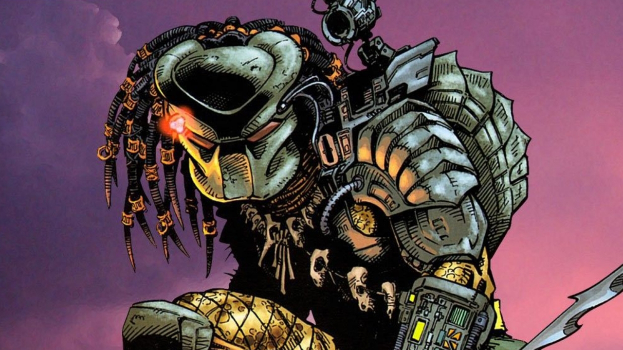 Image from the Predator comic. The Predator creature is honing his tri-red dot sight on a target. He is wearing hi-tech armor, a full-face helmet, and a string of skulls across his torso.