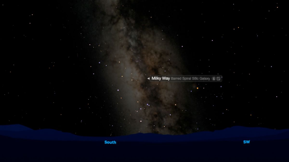 A rendering of the night sky showing the location of the Milky Way streaking down towards the southern horizon in the pre-dawn hours on May 25. The Milky way is pictured as a brighter, diffuse cloud against the darker sky, with a dark dusty lane running through it. It is labelled as a Barred Spiral Galaxy.