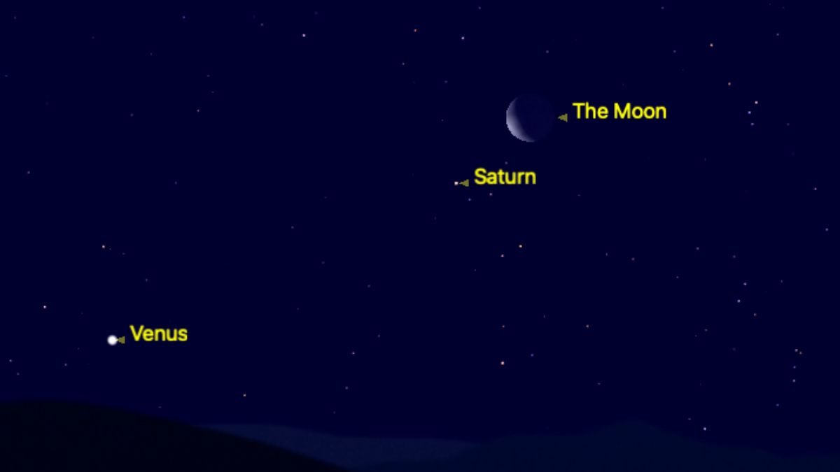 A graphic showing the location of the crescent moon in the pre-dawn sky on May 22. Saturn is located close to the lower left of the lunar surface, with Venus further away to the lower left, close to the horizon.