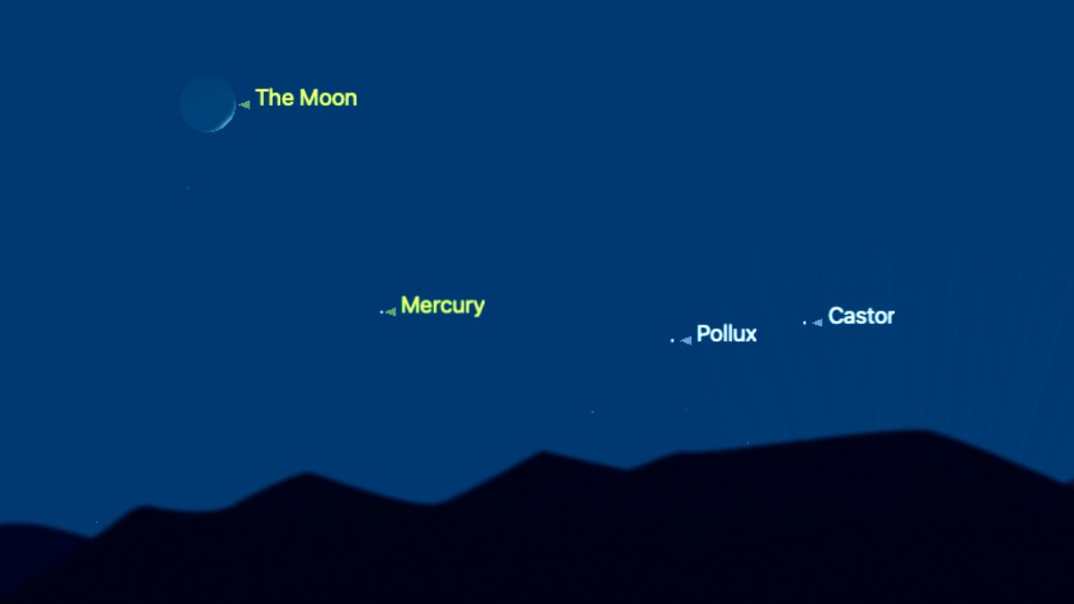 The position of the crescent moon is pictured in a simulated night sky above a dark horizon on the night of June 27, with the planet Mercury and the bright stars Pollux and Castor to its lower right.