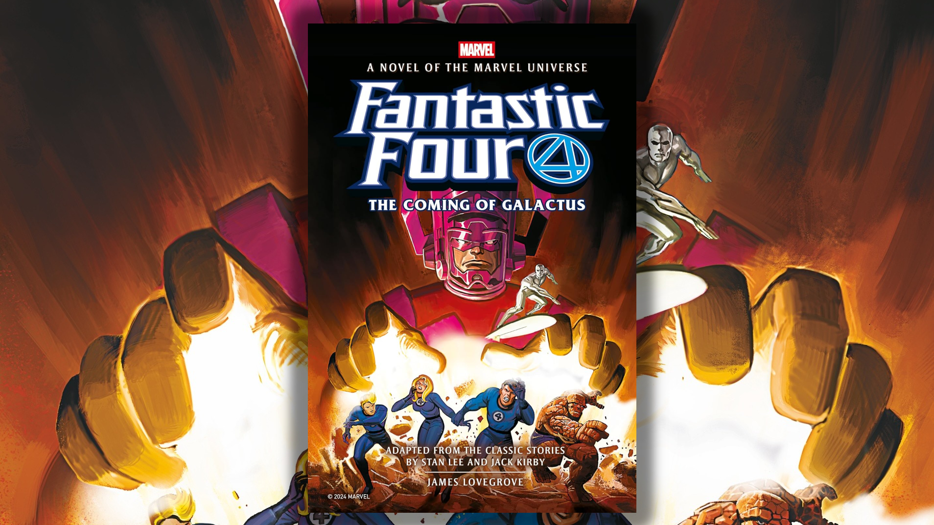 a giant cosmic god and a silver alien loom over a superhero team