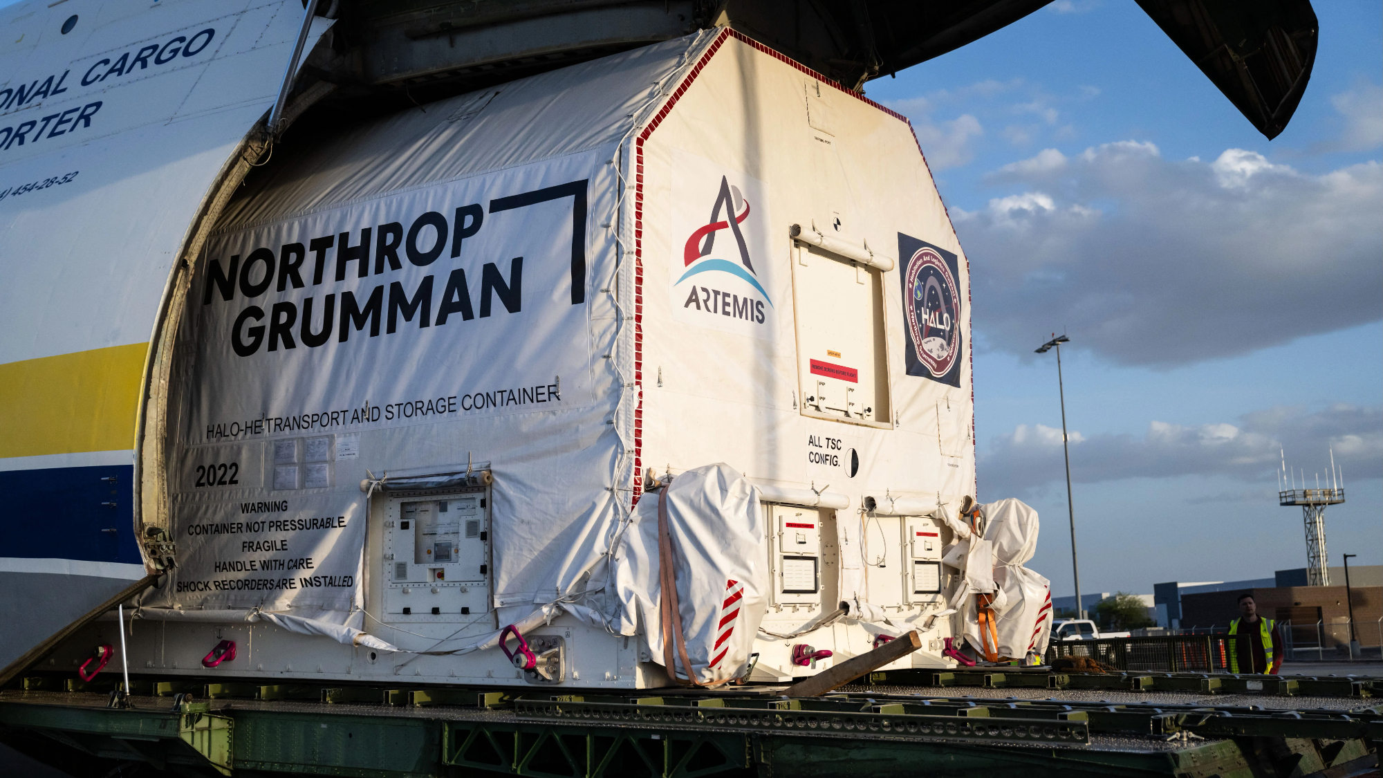 Gateway’s HALO (Habitation and Logistics Outpost) arrives in Mesa, Arizona on April 1, 2025, after traveling from Italy, where Thales Alenia Space fabricated its primary structure.
