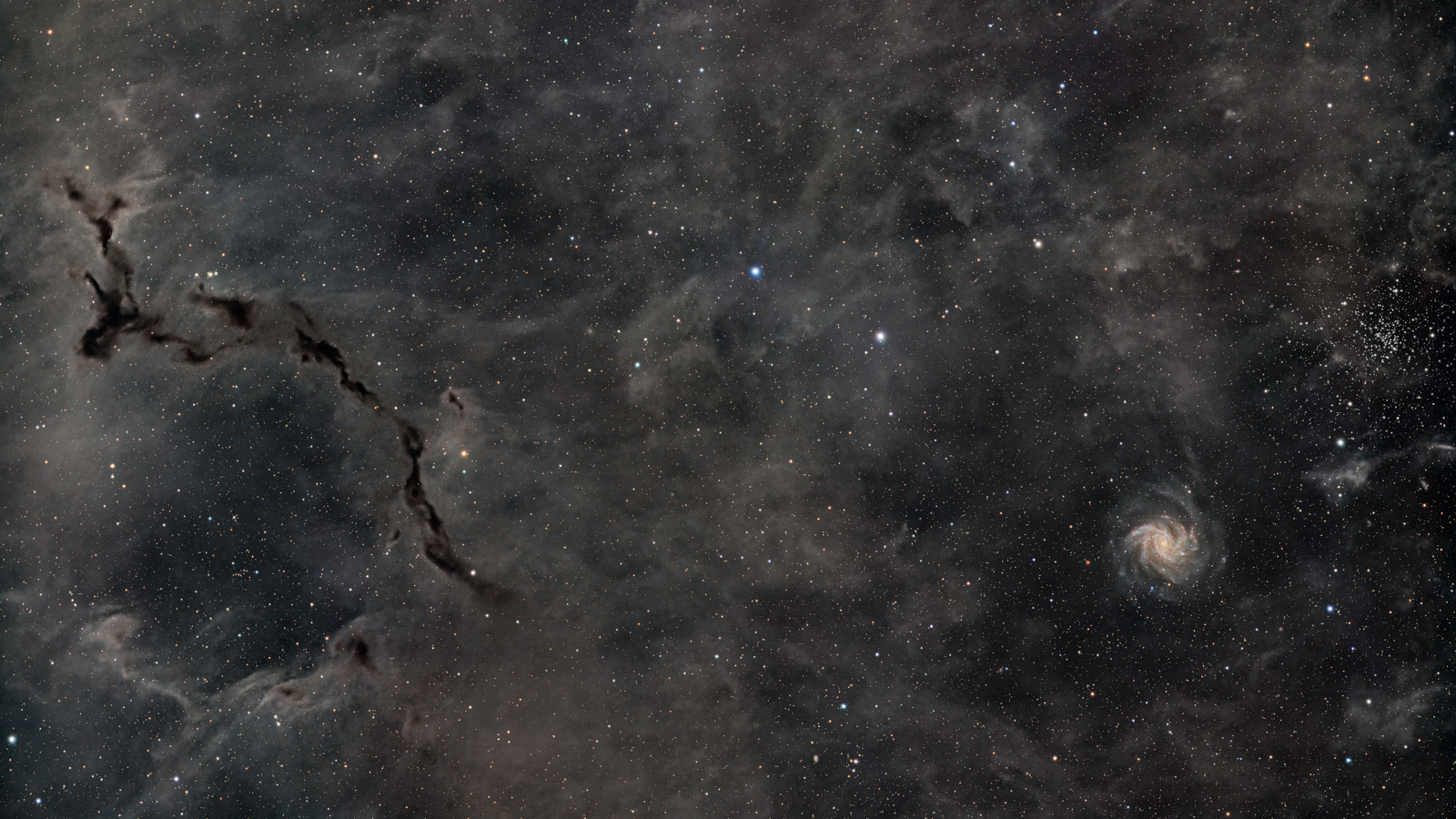 A bright spiral galaxy and open star cluster is pictured to the right of a deep space vista infused with faint interstellar clouds. A dense dusty structure is visible to the left of the image, taking on the vague shape of a seahorse.