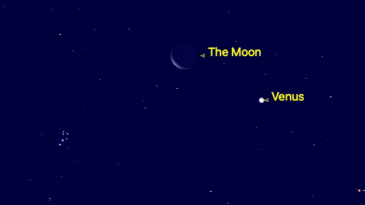 The location of the crescent waning moon is shown with Venus close to its lower right, and the Pleiades open star cluster roughly twice the distance away to the lower left of the lunar disk against a simulated night sky on June 22.