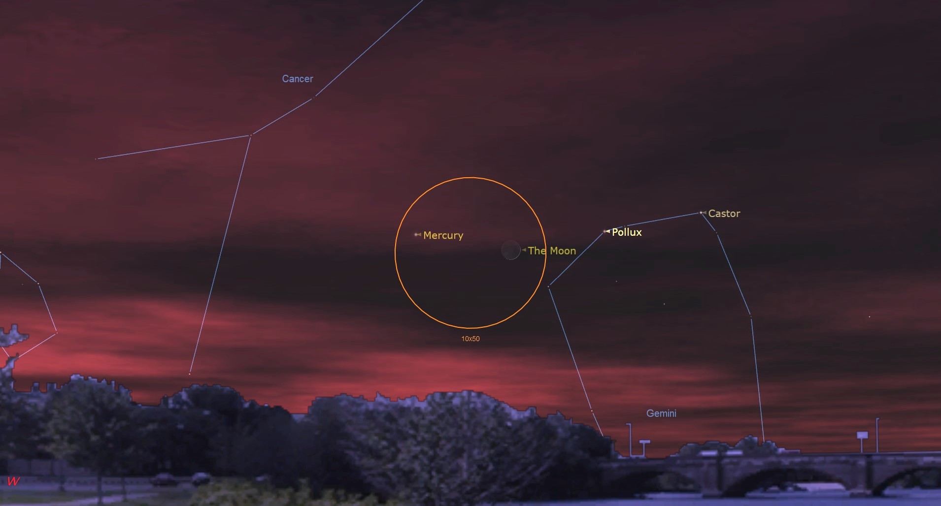 Night sky map showing a Young Moon with Mercury and Gemini&#039;s Twins.