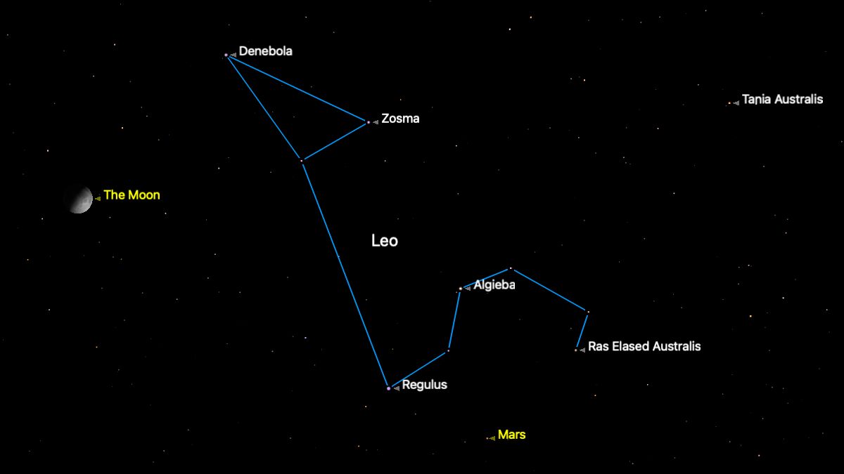 an illustration of the night sky showing a red dot for mars near a roughly question-mark-shaped grouping of stars