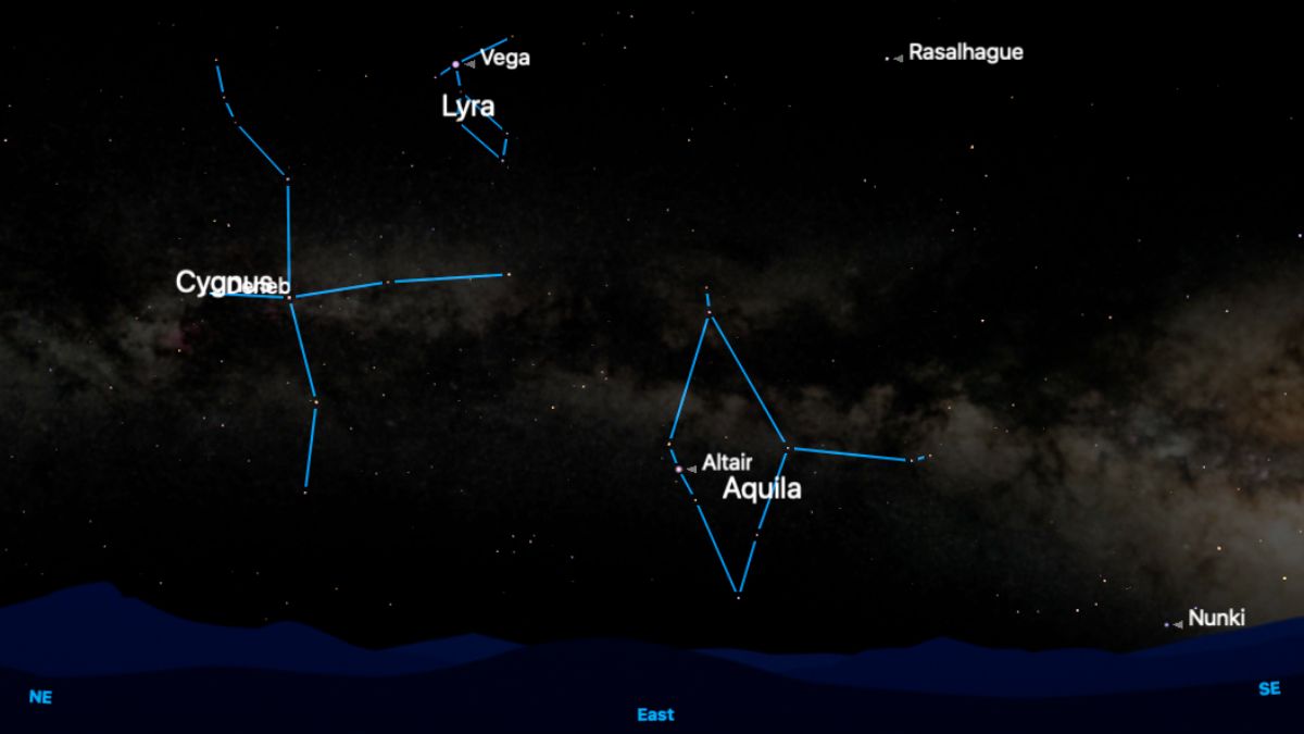 A simulation of the night sky showing the locations of the three stars that make up the Summer Triangle asterism. Vega is positioned at the top of the screen in the constellation Lyra, with Deneb to its lower left in the constellation Cygnus and Altair close to the horizon on the right in the constellation Aquila. The shape of each constellation is outlined in blue.