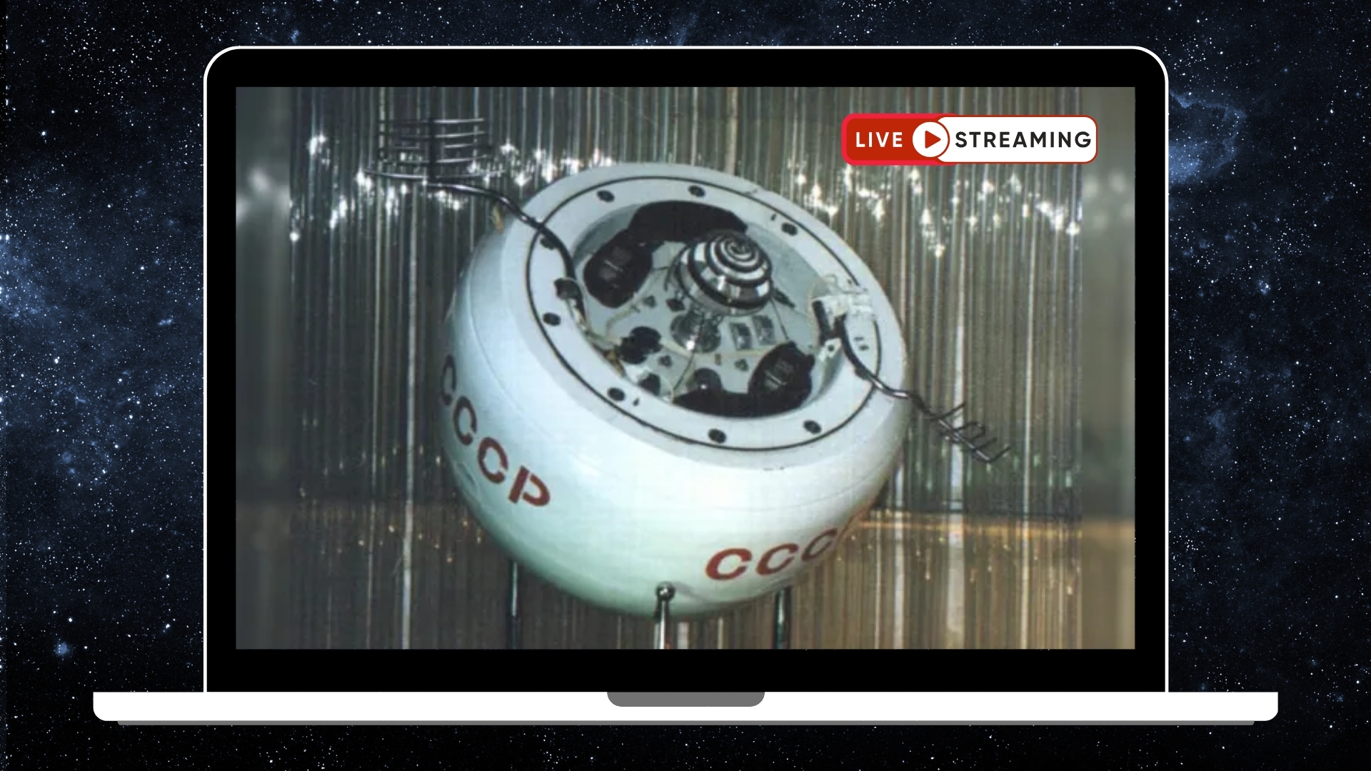 a laptop screen with a roughly ball-shaped spacecraft on it with the letters &quot;CCCP&quot;