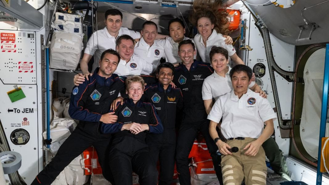 The occupants of the International Space Station as of July 11, 2025. The four private Ax-4 astronauts are in blue flight suits.