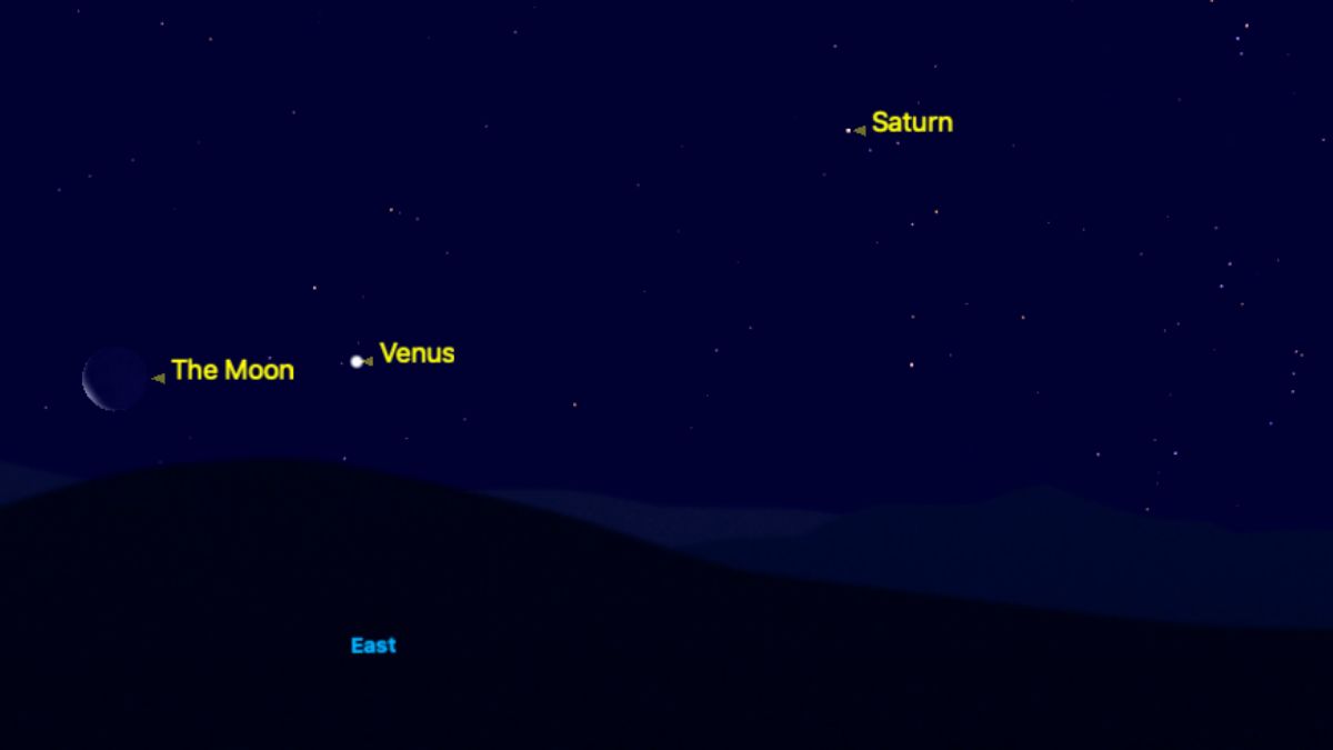 A graphic showing the location of the thin crescent moon close to the eastern horizon in the pre-dawn hours on May 24 against a dark simulated sky. The planet Venus is pictured to the right of the moon at a similar altitude, while Saturn is higher, to the upper right of the screen. The names of all three celestial bodies are labelled in yellow.