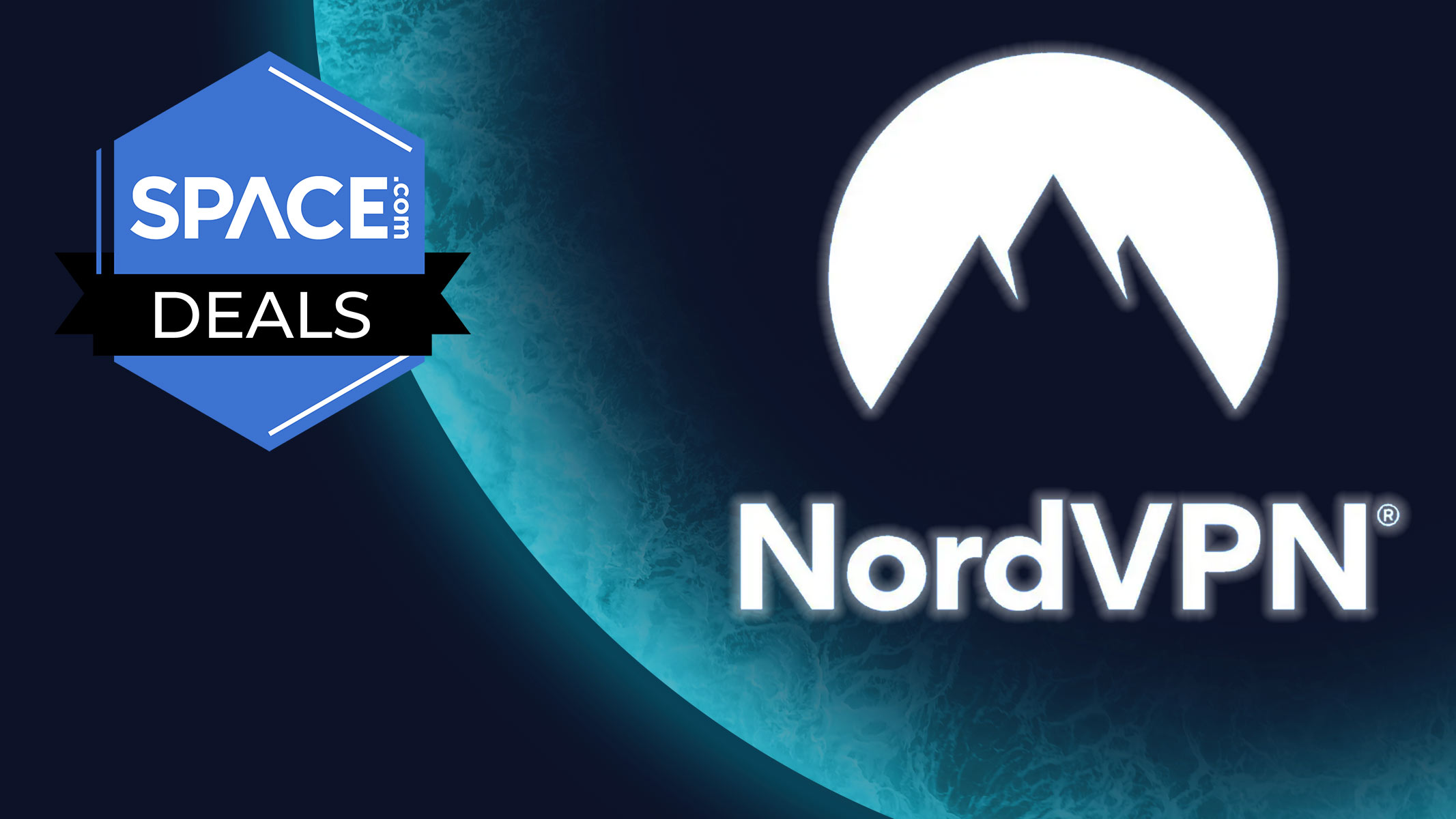 A mountain top with a white three quarter circle encompassing it sits above the word &quot;NordVPN&quot; and is glowing on a blue planet background with the space.com logo in the top left corner.