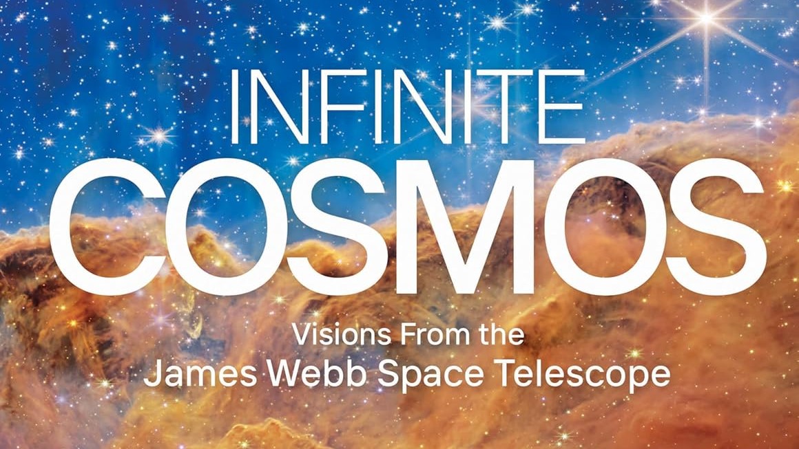 A slice of the official cover for a space science book titled "Infinite Cosmos"