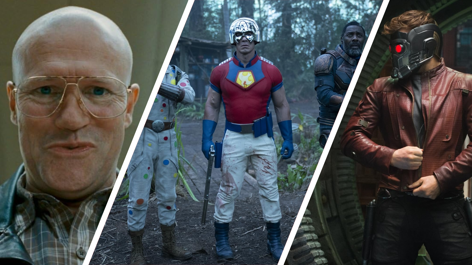 Split image showing scenes from three James Gunn sci-fi movies: Slither, The Suicide Squad, and Guardians of the Galaxy.