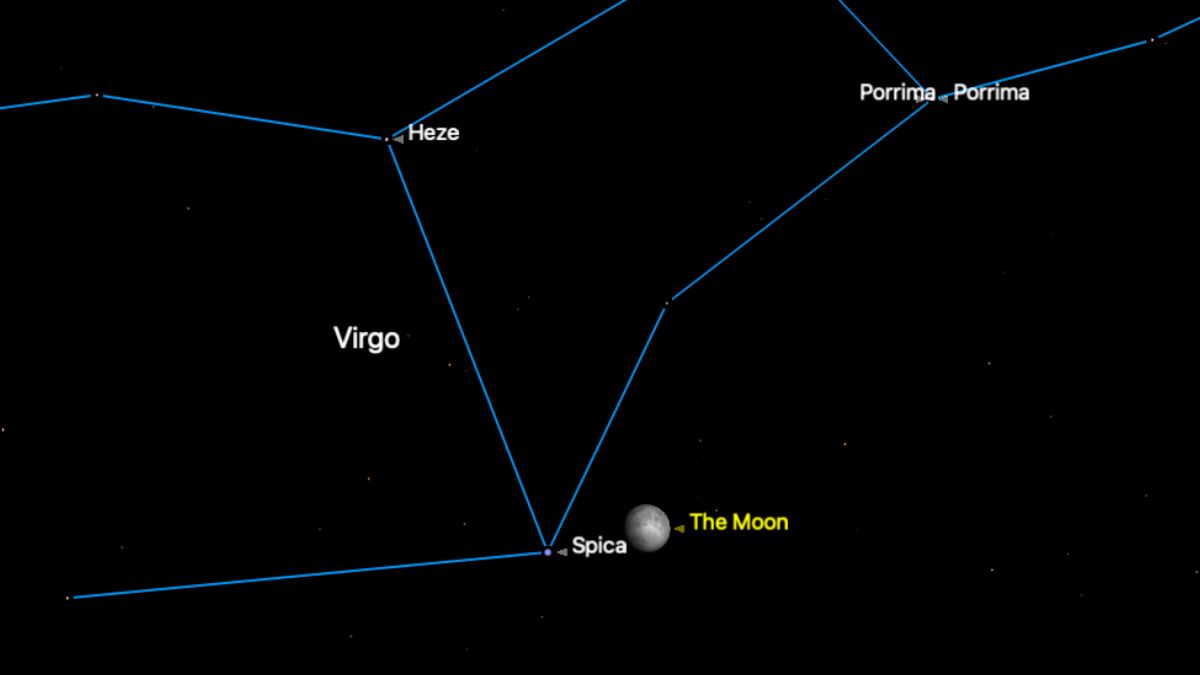The position of the moon is shown on the night of May 9 close to the bright star Spica in the constellation Virgo, the outline of which is displayed using a blue line that connects the stars of the constellation.