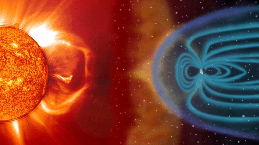 An illustration of the Earth looking very small on the right, and an image of the sun on the left.