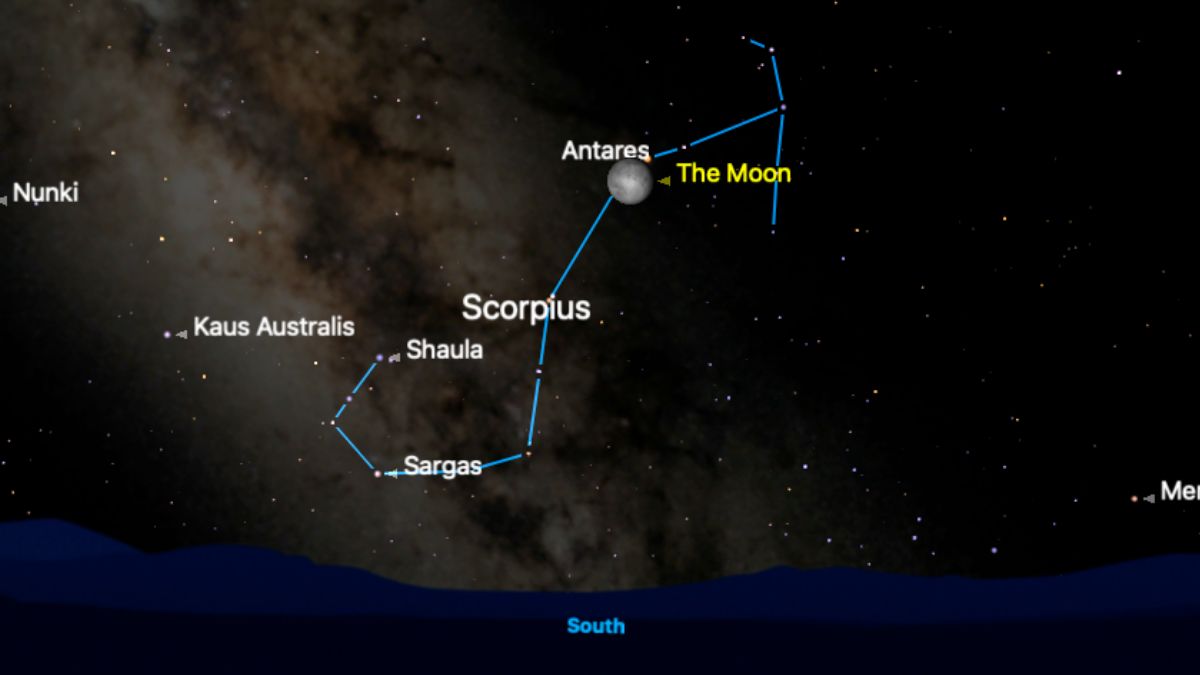A star chart of the night sky of May 13, sowing the positions of the moon and stars in the constellation Scorpius. The moon is located close to the bright star Antares.