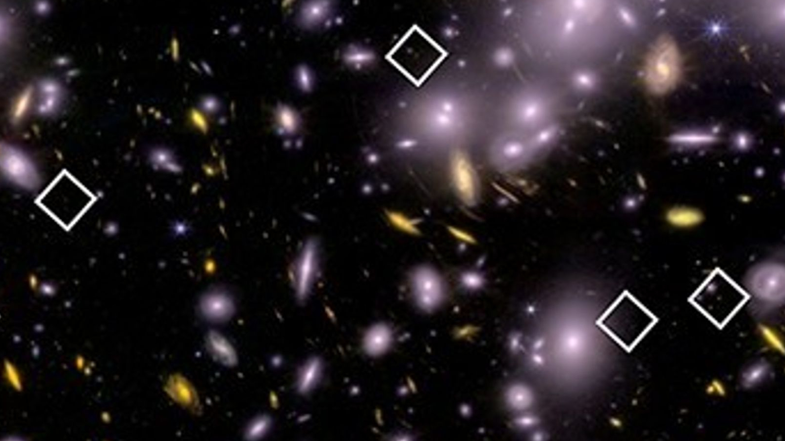 White diamond symbols mark the locations of 20 of the 83 newfound young, low-mass galaxies undergoing intense star formation when the universe was just 800 million years old. Despite their small sizes, these galaxies are powerful sources of ultraviolet radiation, making them strong candidates for helping reionize the early universe.