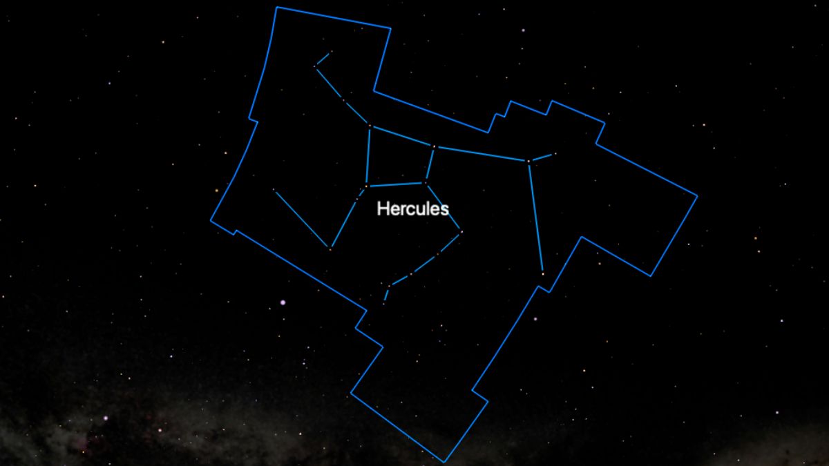 A star chart showing the stars of the constellation Hercules joined by a blue line. The surrounding space occupied by the constellation is also outlined in blue, as defined by the International Astronomical Union.