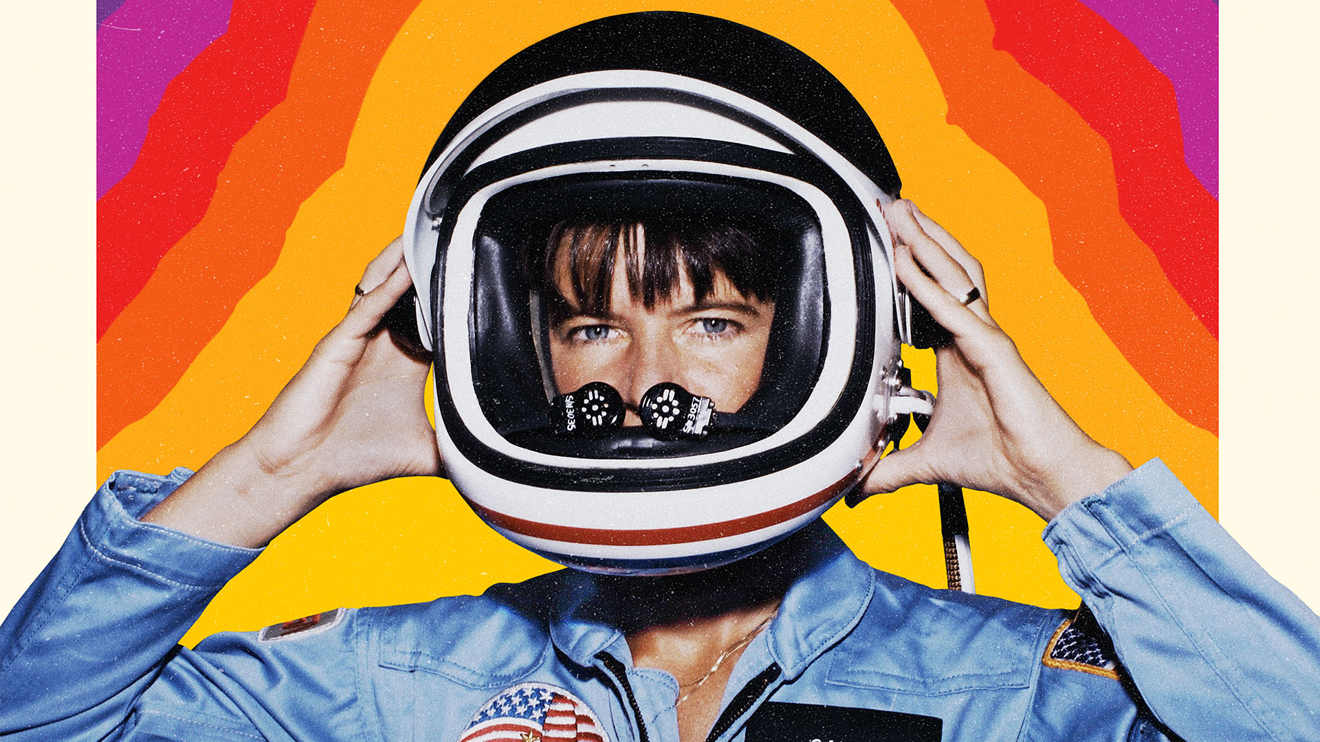 documentary poster art showing a female astronaut lifting a helmet off her head with bright rainbow colors forming her silhouette behind her