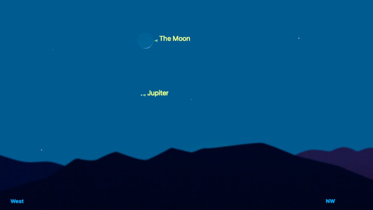 A simulated view of the night sky on May 28. Jupiter is pictured close to the north-western horizon, with the moon's thin crescent disk positioned directly above.