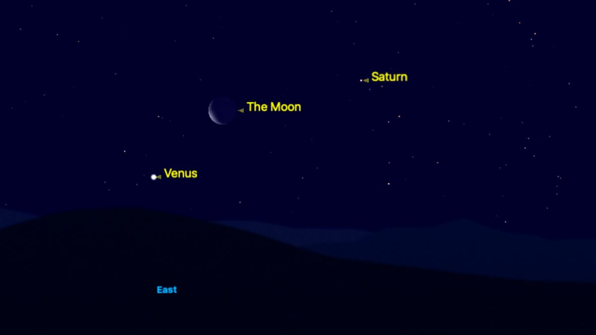 The position of the moon is shown on a simulated night sky for the morning of May 23. Saturn is located to the right of the moon's crescent, with Venus shining close to the lower left near the horizon in the eastern sky.