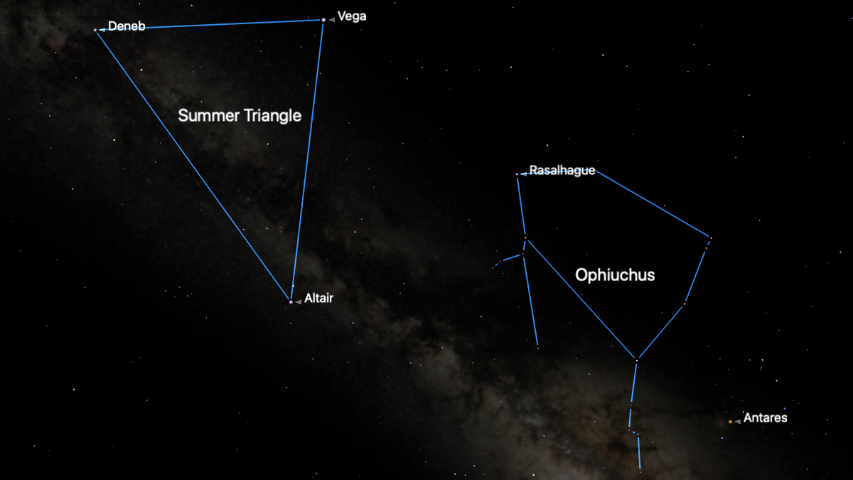 A simulation of the night sky for July 16 showing the stars of the Summer Triangle asterism to the left joined with a blue line. The stars of the constellation Ophiuchus are visible to the right, also joined in blue. The bright band of the Milky Way can be seen running through both.