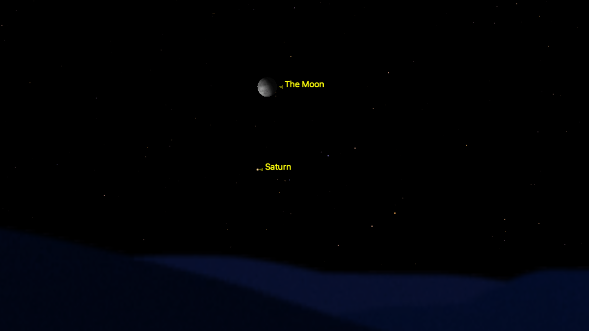 A simulation of the night sky for July 15, showing the waning gibbous moon positioned above Saturn close to the horizon.