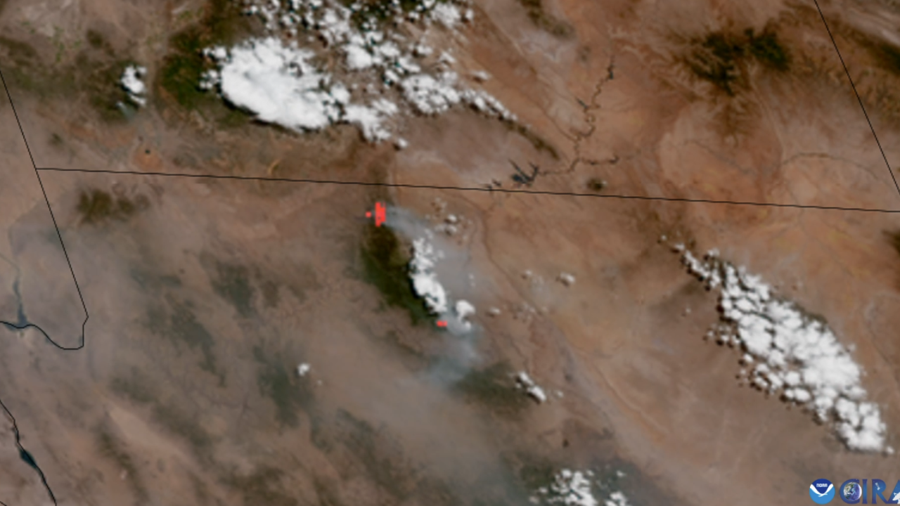A still image from a weather satellite showing the smoke from the Grand Canyon wildfire. 